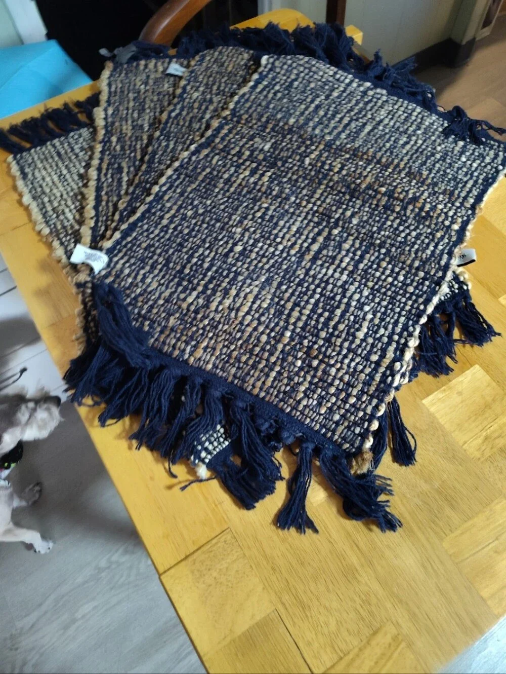 Danny Seo Naturally Woven Cotton Placemats Navy Blue Boho Fringe Set of 4 Euc
